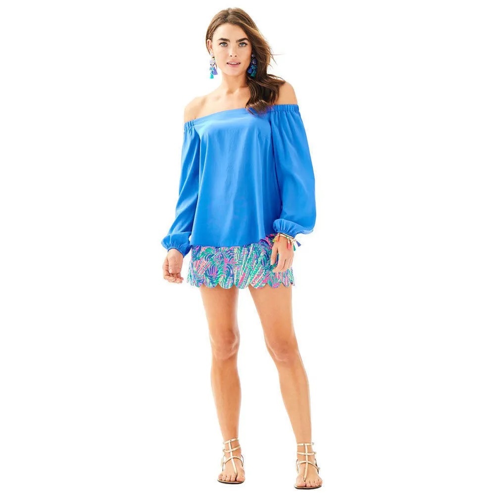 LILLY PULITZER 90% Silk Adira Off The Shoulder Top Blue. Size MD. Great Cond! - Picture 2 of 7